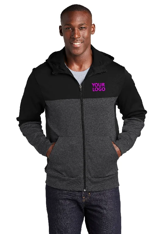 Sport-Tek Tech Fleece Colorblock Custom Full-Zip Hooded Jackets, Black/ Graphite Heather/ Black