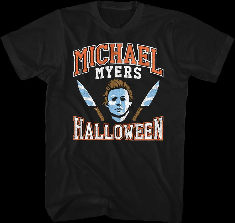 Michael Myers Mask And Knives Varsity Logo Halloween T-Shirt