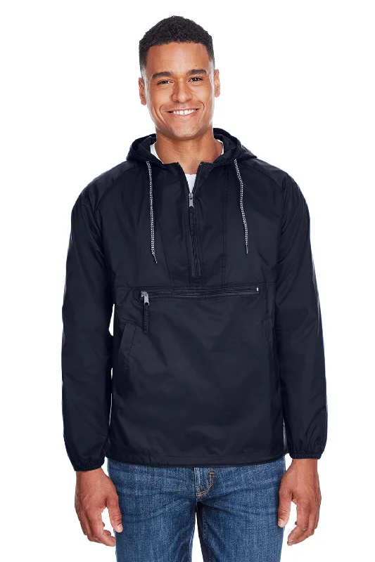 Harriton Mens Packable Wind & Water Resistant 1/4 Zip Hooded Jacket - Navy Blue