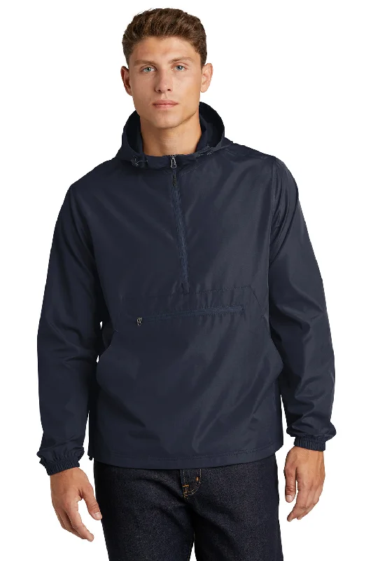 Sport-Tek Mens Wind & Water Resistant Packable Anorak 1/4 Zip Hooded Jacket - True Navy Blue