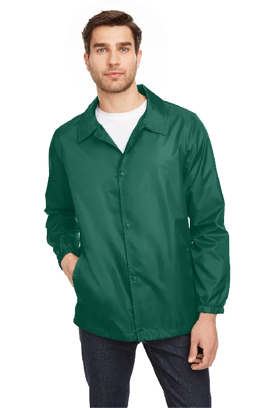 Team 365 Mens Zone Protect Water Resistant Snap Down Coaches Jacket - Forest Green