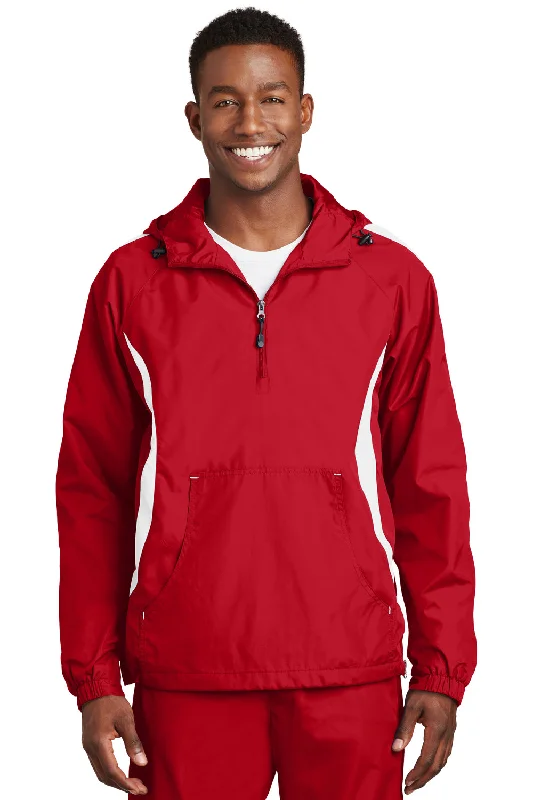 Sport-Tek Mens 1/4 Zip Hooded Jacket - True Red/White - Closeout