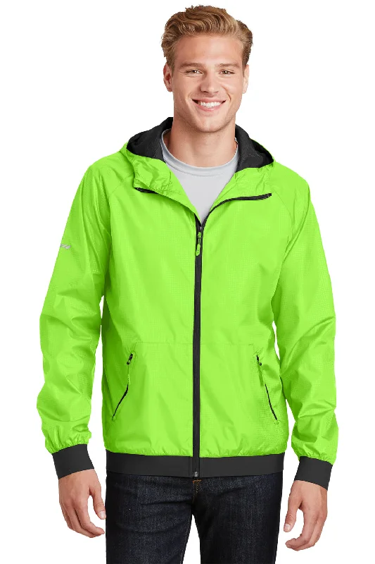 Sport-Tek Mens Wind & Water Resistant Full Zip Hooded Jacket - Lime Shock Green/Black - Closeout