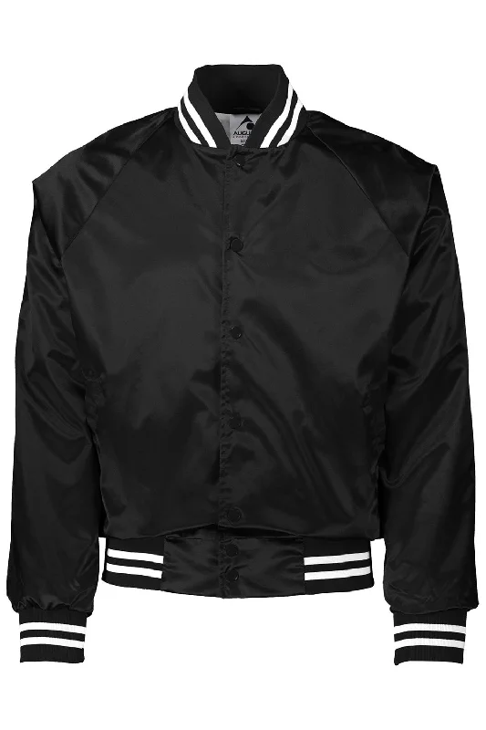 Augusta Sportswear Mens Water Resistant Snap Front Satin Baseball Jacket w/ Striped Trim - Black/White