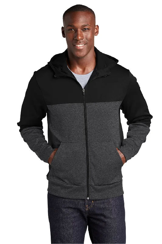 Sport-Tek Mens Moisture Wicking Full Zip Tech Fleece Hooded Jacket - Black/Heather Graphite Grey