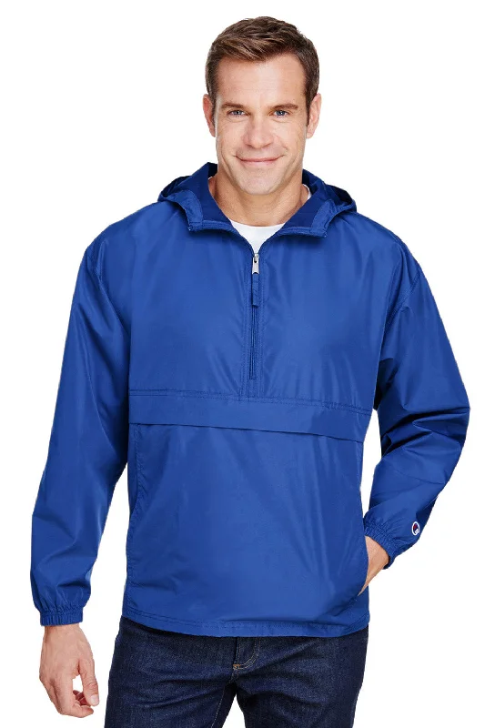 Champion Mens Packable Wind & Water Resistant Anorak 1/4 Zip Hooded Jacket - Athletic Royal Blue