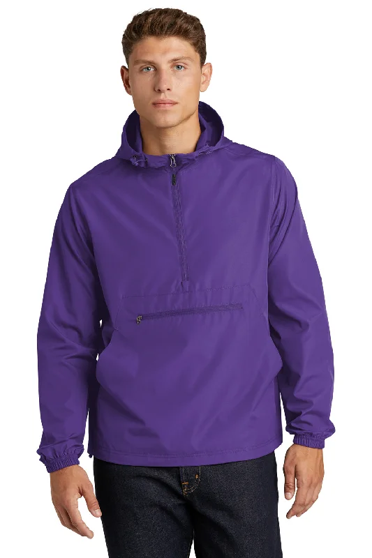 Sport-Tek Mens Wind & Water Resistant Packable Anorak 1/4 Zip Hooded Jacket - Purple