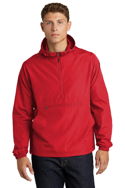 Sport-Tek Mens Wind & Water Resistant Packable Anorak 1/4 Zip Hooded Jacket - True Red