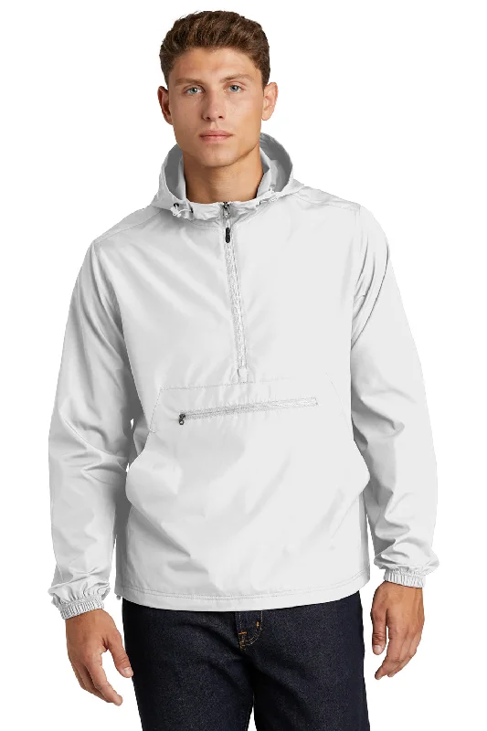 Sport-Tek Mens Wind & Water Resistant Packable Anorak 1/4 Zip Hooded Jacket - White