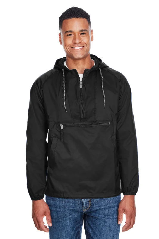 Harriton Mens Packable Wind & Water Resistant 1/4 Zip Hooded Jacket - Black