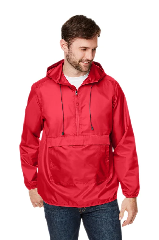 Team 365 Mens Zone Protect Water Resistant Hooded Packable Hooded 1/4 Zip Anorak Jacket - Red