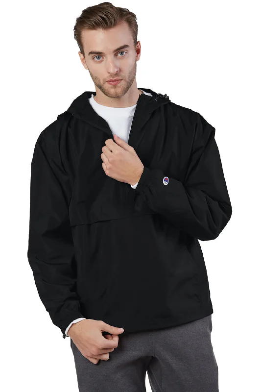 Champion Mens Packable Wind & Water Resistant Anorak 1/4 Zip Hooded Jacket - Black