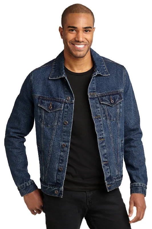 Port Authority Mens Stonewashed Denim Button Down Jacket - Denim Blue