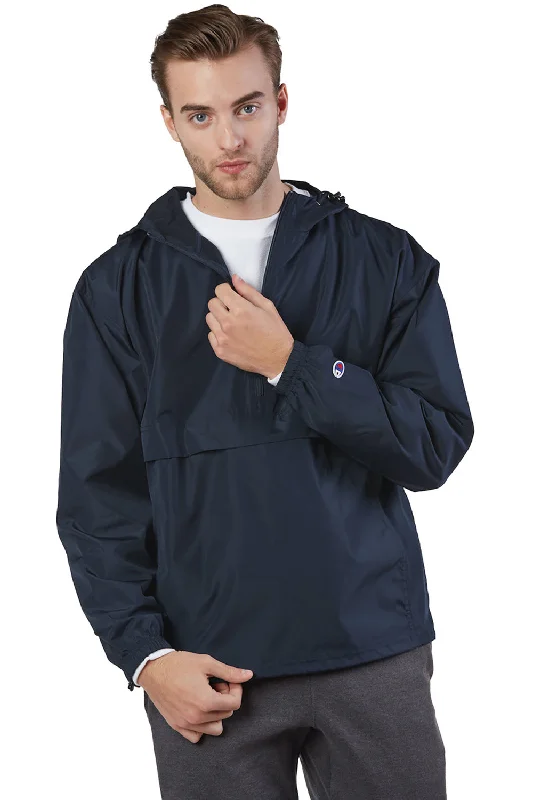 Champion Mens Packable Wind & Water Resistant Anorak 1/4 Zip Hooded Jacket - Navy Blue