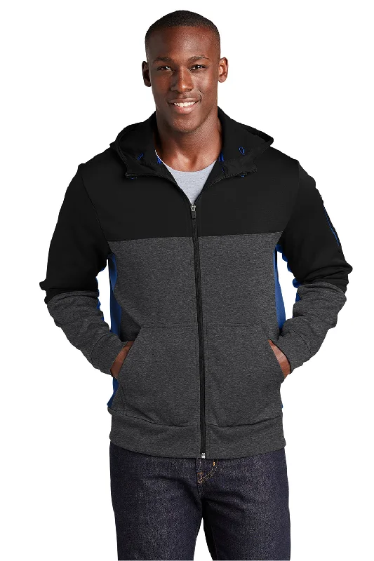 Sport-Tek Mens Moisture Wicking Full Zip Tech Fleece Hooded Jacket - Black/Heather Graphite Grey/True Royal Blue