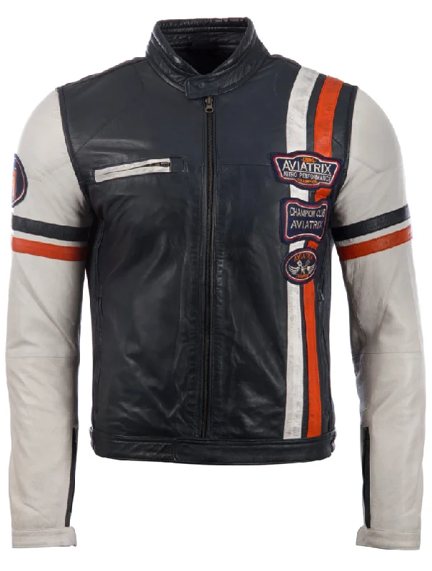 3ZS3 Men's Retro Biker Jacket - Navy/White