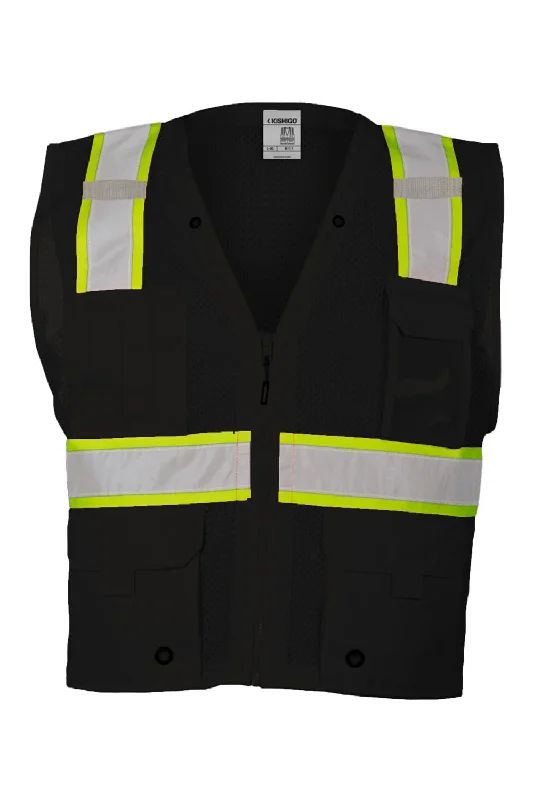 Kishigo Mens EV Series Enhanced Visibility Multi Pocket Mesh Vest - Black/Lime Green