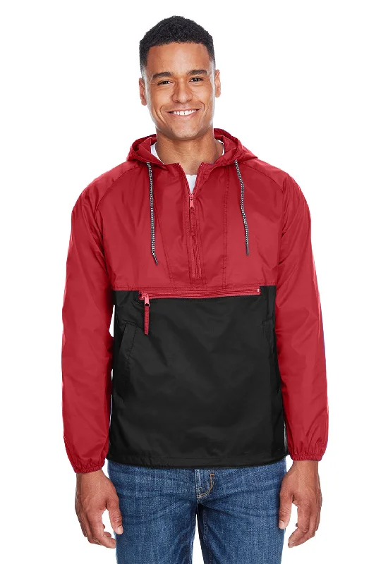 Harriton Mens Packable Wind & Water Resistant 1/4 Zip Hooded Jacket - Red/Black