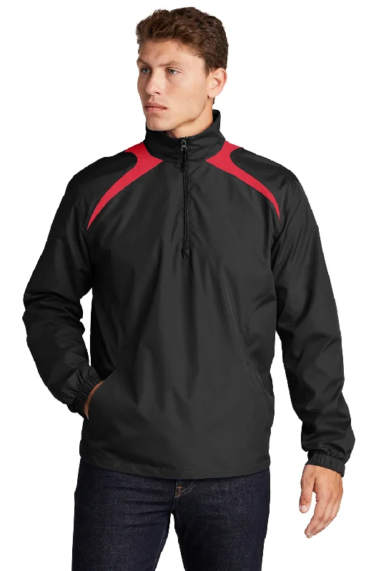 Sport-Tek Mens Water Resistant 1/4 Zip Wind Jacket - Black/True Red