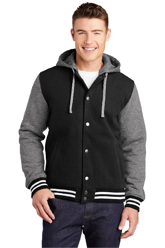 Sport-Tek Mens Snap Down Hooded Letterman Jacket - Black/Heather Vintage Grey/White