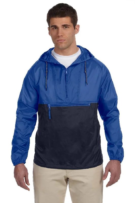 Harriton Mens Packable Wind & Water Resistant 1/4 Zip Hooded Jacket - Royal Blue/Navy Blue